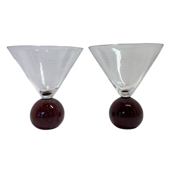 Handcrafted Clear Glass Martini Glasses With Bubble-Infused Red Orb Base - Set O - Picture 1 of 9